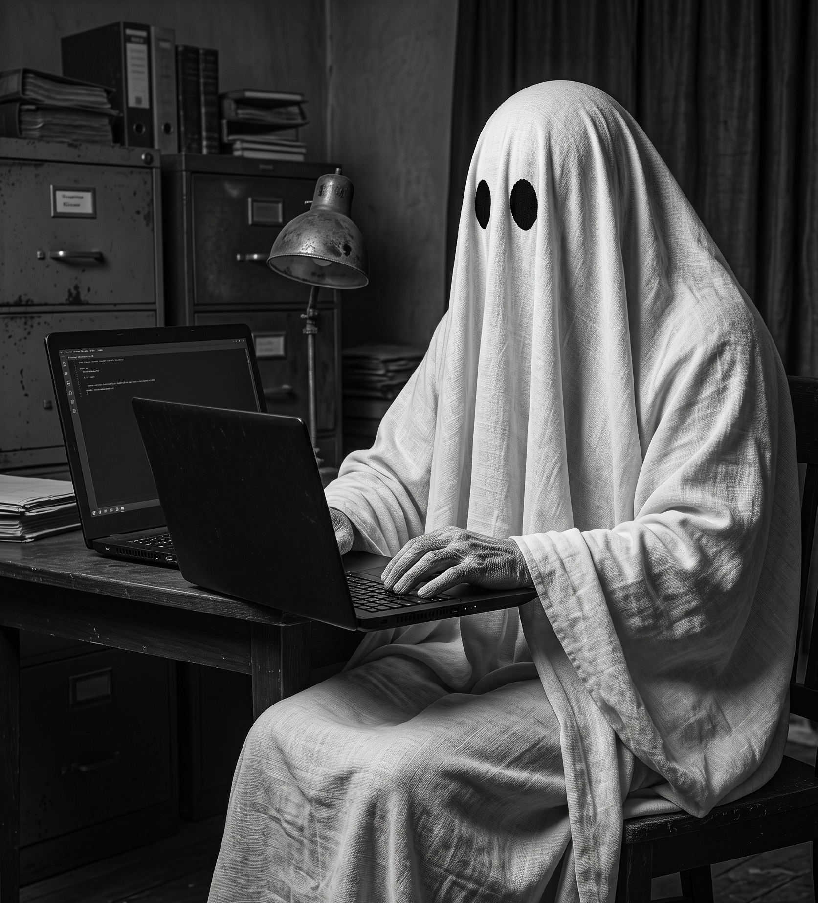Ghost working at a laptop